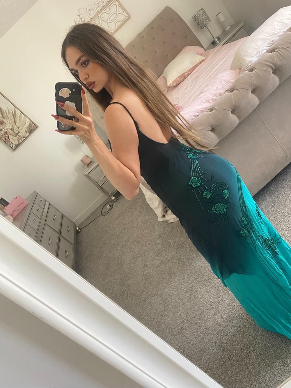 Elegant Teal Ombre Slip Dress with Floral Lace Detail - Picture 4 of 7
